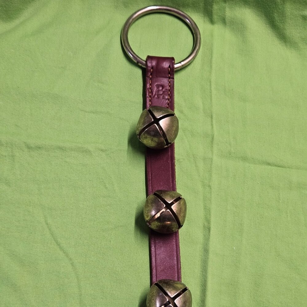 Vintage MBS Sleigh Bell Door Hanger With Leather Strap & 3 Sleigh Bells